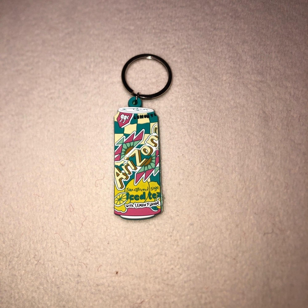 Arizona Iced Tea Can Green Tea Double sided Rubber Keychain Teal, Yellow & Pink